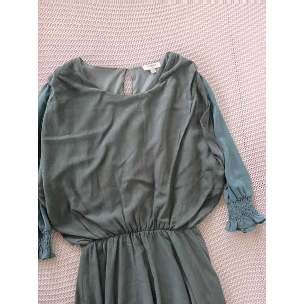 UMGEE‎ Sage Green Linen Mini Dress Blue Contrast Slve Smocked Cuff S Cottagecore